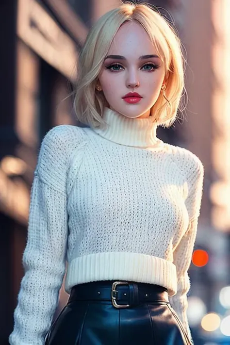 photo of sophiebaby:0.99, a woman with blonde hair, neat hair,((pale skin, short hair)), ((cowboy shot, waist, hips, thighs):1.1), ((turtleneck sweater, heavy coat, skirt):1.2), ((walking, outdoors, city street, at night):1.2),((detailed face, beautiful face, detailed eyes, beautiful eyes):1.3), ((lipstick, eyeliner, eye shadow):1.2),((best quality, masterpiece, extreme details):1.2) ((detailed eyes, detailed face):1.2)