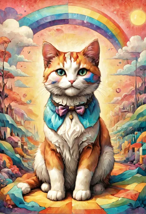 Cubism Art of Devilcore aesthetic, a cat wearing a fake mustache, rainbows, psychedelic, fantasy poster, pastel colors, stunning background. warm and bright sunlight, a mesmerizing blend of light and shadow. masterpiece, absurdres, intricate details, flat geometric forms, 2D, limited color palette, cubism art