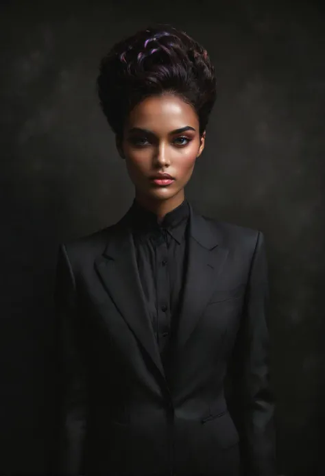 glamorous photo of Devilcore aesthetic, a regal Saint Lucian woman in a tailored suit, her strong jawline and determined gaze radiating confidence, bright colors, stunning background. dark and moody, a mesmerizing blend of light and shadow. masterpiece, absurdres, intricate details, high fashion, luxurious, extravagant, stylish, sensual, opulent, elegance, stunning beauty, professional, high contrast, detailed