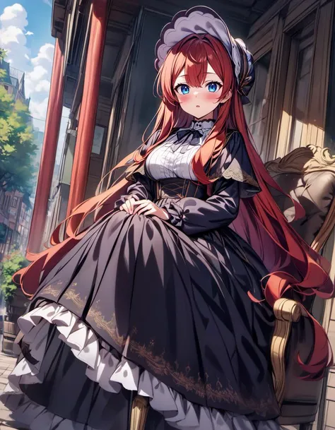 kierose,1girl, solo, long hair, breasts, blush, bangs hair between eyes, very long hair,blush,blue_eyes,red_hair,open_mouth,blue sky,looking at viewer, looking at viewer,  <lora:kierose_xl_v1:1>,outdoors,victorian_dress,frills,too many frills, bonnet,long sleeves, long_skirt,full body, best_quality,masterpiece,modern,sitting, chair