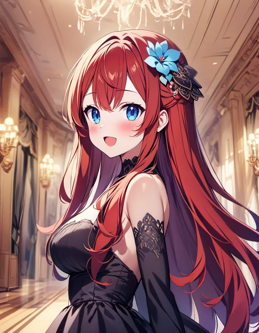 kierose,1girl,pastel colors, solo, long hair, breasts, blush, bangs hair between eyes, very long hair,blush,happy,open_mouth,:D,blue_eyes,red_hair,open_mouth,blue sky,looking at viewer, looking at viewer, <lora:kierose_xl_v1:1>,indoors,ballroom,hair_flower,lipstick,black dress, halter dress, detached sleeves, detached collar,hair ornament, ornate,