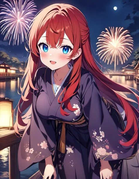 kierose,1girl,pastel colors, solo, long hair, breasts, blush, bangs hair between eyes, very long hair,blush,smile,blue_eyes,red_hair,open_mouth,blue sky  <lora:kierose_xl_v1:1>,looking at viewer, kimono,japanese clothes, obi,large breasts, fireworks,night sky, clouds,moon,leaning forward, bridge,water