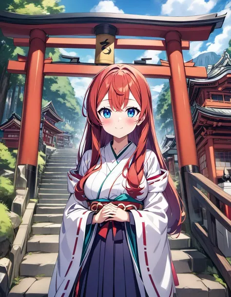 kierose,1girl, solo, long hair, breasts, blush, bangs hair between eyes, very long hair,blush,blue_eyes,red_hair,blue sky,looking at viewer, looking at viewer, <lora:kierose_xl_v1:1>,blue_sky,clouds,outdoors,torii,shrine_maiden,japanese clothes, obi,hakama,shrine,mountain,stairs,own hands together, smile,closed_mouth