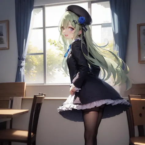 best_quality,masterpiece,green_hair,(purple_eyes),(very_long_hair),bangs,((beret)),blue_rose,dress_shirt,(black_jacket),frills,collared_shirt,cafe,indoors,arms behind back,, black_headwear,blue bowtie, long_sleeves,collared shirt, sitting,skirt,white_skirt,black thighhighs, black_legwear,smile,:D,open_mouth,open_clothes,center_frills,frilled_skirt,white_skirt,sunny,daytime,ennafol,generaloutfit
(long_hair),blue_flower,hair_flower,((blue_rose)),hair_ornament,flower,center_frills,looking at viewer, <lora:ennafol_v1-000009:.6>, <lora:GoodHands-vanilla:1>,chair_table