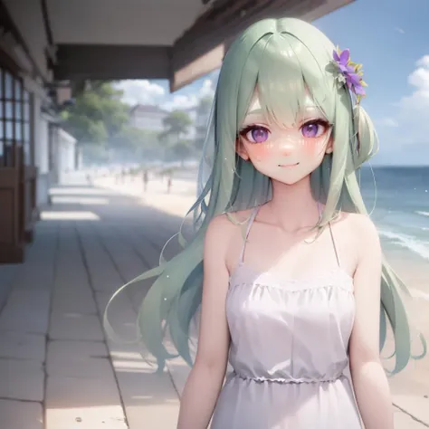 <lora:ennafol_v1-000009:.8>,1girl,solo,best_quality,masterpiece,ennafol,green_hair,(purple_eyes),(very_long_hair),bangs,beach,ocean,waves,blue_sky,no_headwear,blush,smile,closed_mouth,,bare shoulders, collarbone,medium_breasts,waving,sleeveless, white shirt, strapless ,<lora:GoodHands-vanilla:1>