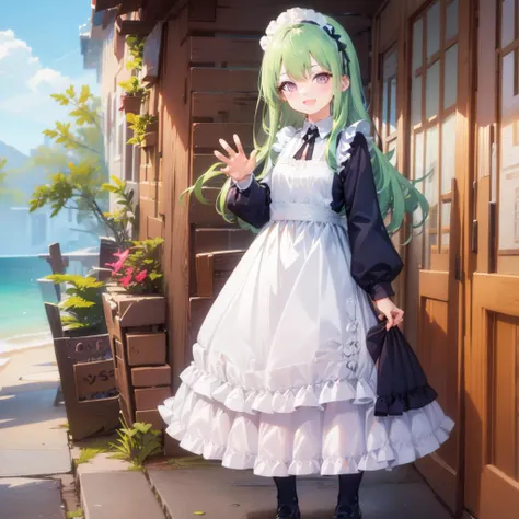 <lora:ennafol_v2:1>1girl,solo,bangs,ennafol,best_quality,green_hair,masterpiece,purple_eyes,very_long_hair,outdoors,:D,smile,blush,beach,full_body,standing,waving,maid, maid headdress, maid apron,flat chest, petite