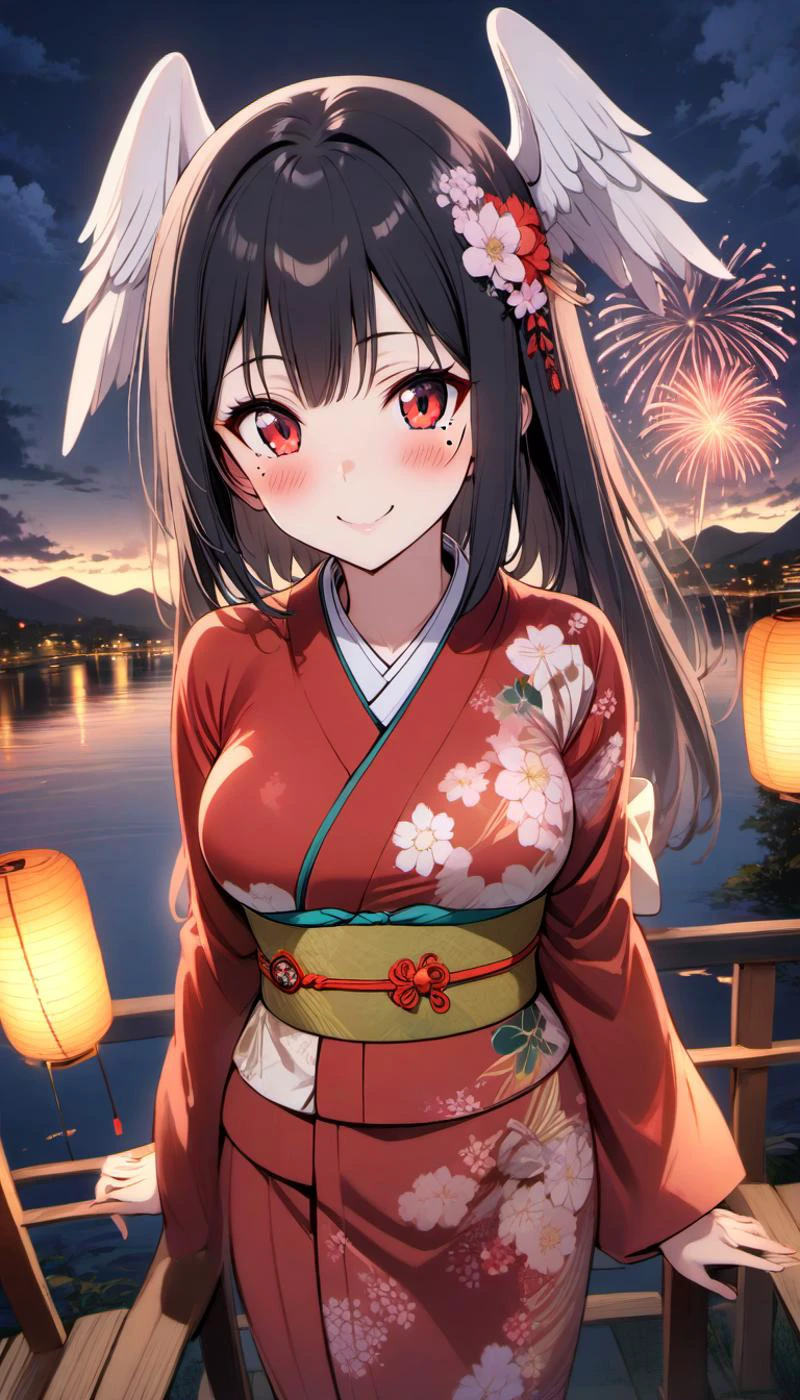 elris, 1girl, solo, long hair,,breasts, looking at viewer, blush, smile, bangs, black hair, red eyes, jewelry, medium breasts, mole under eye, head wings,,kimono,floral print, nightime,fireworks,lakeside,from_above,blush,smile,clouds,moonlight,hair flower, obi,ribbon,<lora:elris_prodigy_v2_loopback_epochs:.8>,long sleeves,