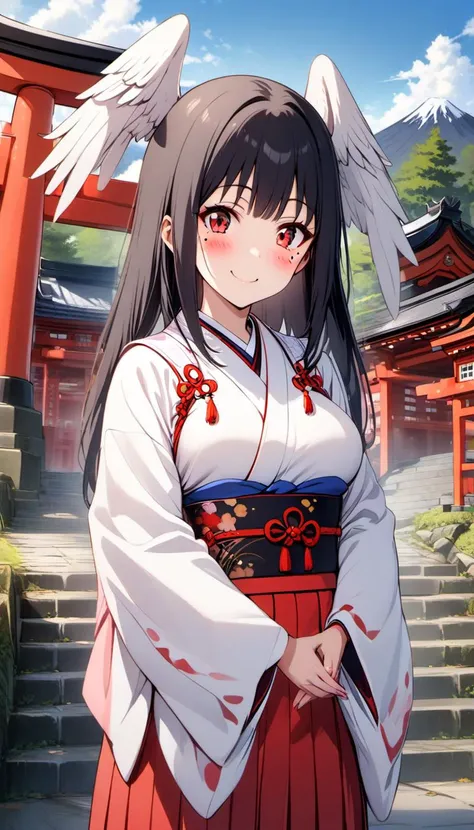 elris, 1girl, solo, long hair,,breasts, looking at viewer, blush, smile, bangs, black hair, red eyes, jewelry, medium breasts, mole under eye, head wings,clouds,outdoors,torii,shrine_maiden,japanese clothes, obi,hakama,shrine,mountain,stairs,own hands together, smile,closed_mouth,<lora:elris_prodigy_v2_loopback_epochs:.8>,long sleeves,