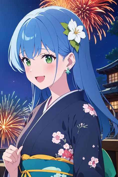 masterpiece,best_quality,highly_detailed,isabellaNorn,1girl,solo,((blue_hair)),long_hair,((green_eyes)),blush,smile,((happy:1.4)),:D,open_mouth,<lora:isabellaNornV2-000008:.8:OUTD>,jewelry, earring,upper_body,medium_breasts,night_time,fireworks,yukata,obi,japanese clothes, floral print, hair_flower,isabella