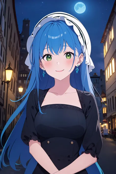 masterpiece,best_quality,highly_detailed,isabellaNorn,1girl,solo,((blue_hair)),long_hair,((green_eyes)),blush,((smile)),((happy:1.4)),closed_mouth,<lora:isabellaNornV2-000008:.6:OUTD>,jewelry,bonnet,medieval,gothic,earring,upper_body,medium_breasts,dusk,isabella,black dress,collarbone, outdoors,dusk,night_time
