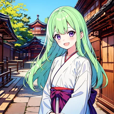 <lora:ennafol_v2:1>1girl,solo,bangs,ennafol,best_quality,green_hair,masterpiece,purple_eyes,very_long_hair,outdoors,:D,outdoors,looking at viewer, flat chest,miko,shrine_maiden,japanese clothes, hakama, hakama skirt,