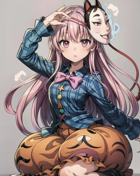 <lora:HatanoKokoro:1>, 1girl, hata no kokoro, long hair, pink hair, pink eyes, bow, long sleeves, plaid shirt, bubble skirt, mask, grey background, <lora:add_detail:0.65>, masterpiece, best quality