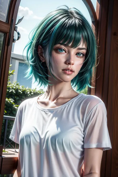 (masterpiece, best quality:1.2), finely detailed beautiful eyes, detailed background, 1girl, t-shirt, solo, short hair, blue hair, green hair, bangs, multicolored hair, upper body, looking at viewer, realistic, <lora:A3DStyle:1>, <lora:add_detail:1>