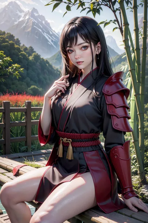 (masterpiece, best quality:1.2), finely detailed beautiful eyes, detailed background, 1girl, sitting, slim, (bamboo trees), kabuto, red samurai armor, misty air, strong sunlight, mossy path, mountain village, cowboy shot, looking at viewer, realistic, <lora:A3DStyle:1>, outdoors