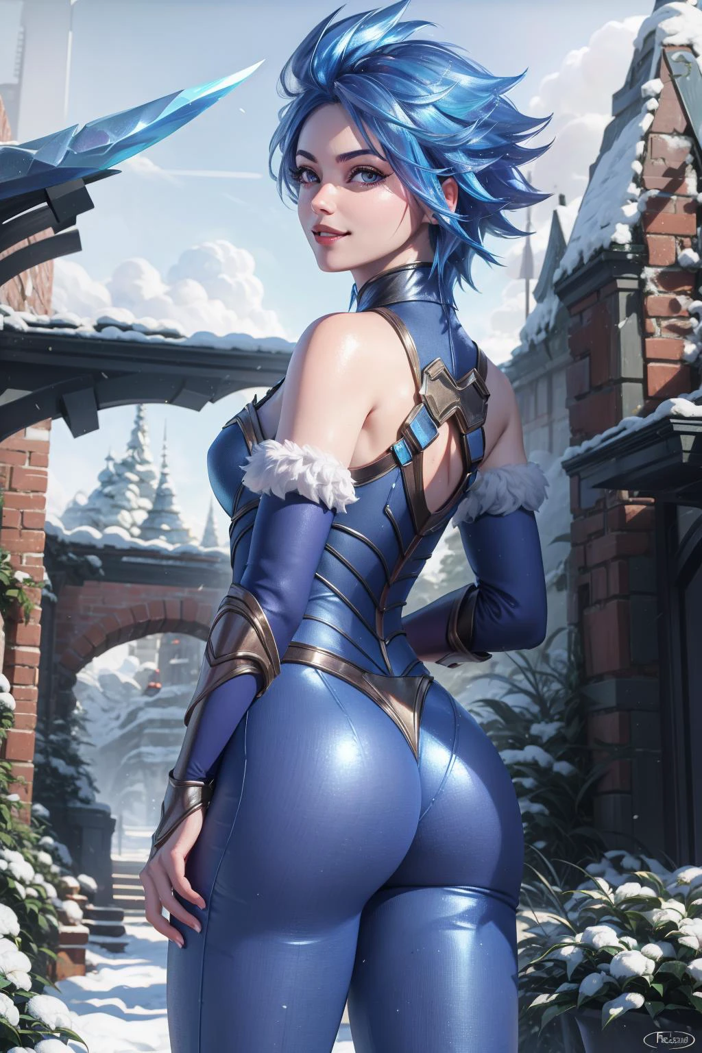 (masterpiece, best quality:1.2), finely detailed beautiful eyes, detailed background, 1girl, <lora:Frostblade_Irelia-000020:0.8>, frostblade irelia, 1girl, short hair, blue hair, bodysuit, detached sleeves, smile, ass, cowboy shot, looking at viewer, realistic, <lora:A3DStyle:1>, outdoors
