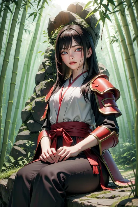 (masterpiece, best quality:1.2), finely detailed beautiful eyes, detailed background, 1girl, sitting, slim, (bamboo trees), kabuto, red samurai armor, misty air, strong sunlight, mossy path, mountain village, cowboy shot, looking at viewer, realistic, <lora:A3DStyle:1>, outdoors