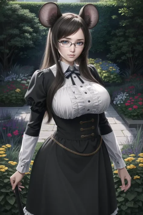 ((best quality)), ((highly detailed)), masterpiece, extremely detailed face, beautiful face, (detailed eyes, deep eyes), (1girl), (glasses), cowboy shot, ((under bust)), <lora:hairdetailer:.7>, <lora:aiomonstergirls_loraLocon:.5>, (mouse girl), mouse ears, mouse tail, (at a garden), <lora:A3DStyle:1>
