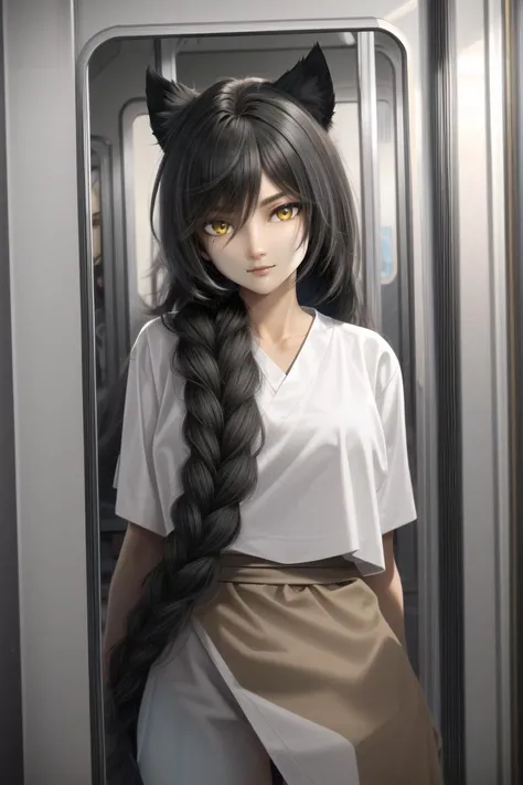 ((best quality)), ((highly detailed)), masterpiece, detailed face, beautiful face, (detailed eyes, deep eyes), (1girl), upper body, <lora:hairdetailer:.9>, (panther girl), panther ears, panther tail, black hair, (((ebony skin:1.5))), ((yellow colored eyes)), very long hair, braided hair, athletic, (inside, in a train), <lora:A3DStyle:1>