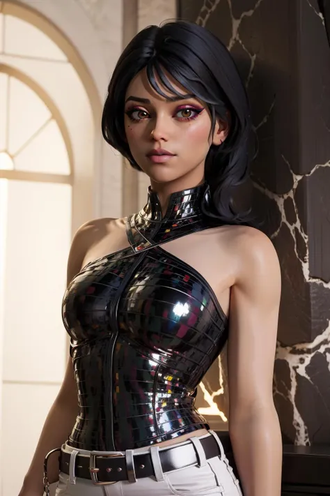 (masterpiece, best quality:1.2), intricate details, <lora:A3D_Beta:1>, <lora:VRAMsSparkle:0.5>, xyzsparkle, 1girl, disco pattern, multicolored hair, bare shoulders, white pants, eye shadow, belt, makeup, upper body, potrait, realistic, backlighting, dim lighting