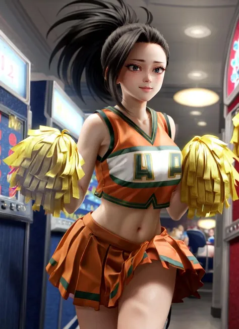 ((best quality)), ((highly detailed)), masterpiece, detailed face, beautiful face, (detailed eyes, deep eyes), (1girl), dynamic angle, full body, <lora:hairdetailer:.9>, <lora:yaoyorozu_momo:.9>, yaoyorozu_momo, momo_mha, long hair, black hair, black eyes, ponytail, hair pulled back, large breasts, smile, <lora:UACheerleader:1>, U.A. CheerUniform, orange crop top, orange skirt, pom pom \(cheerleading\), (inside, at a casino), <lora:A3D_Beta:1>