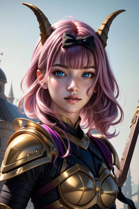 (masterpiece, best quality), intricate details,
1girl, <lora:chikafujiwaratest:0.8> chika fujiwara, black bow, blue eyes, blunt bangs, hair bow, long hair, pink hair,,
<lora:slaanesh:0.8> slaanesh, horns, purple armor, monster girl, demon girl, tentacles,
<lora:add_detail:0.8> <lora:A3D_Beta:0.8>