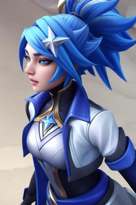 (masterpiece, best quality:1.2), intricate details, <lyco:GoodHands-beta2:1>, <lora:Akali_DRX_1:0.7>, Akali drx, 1girl, solo, blue eyes, hair ornament, blue hair, jacket, ponytail, star hair ornament, short sleeves, black gloves, <lora:A3D_Beta:1>