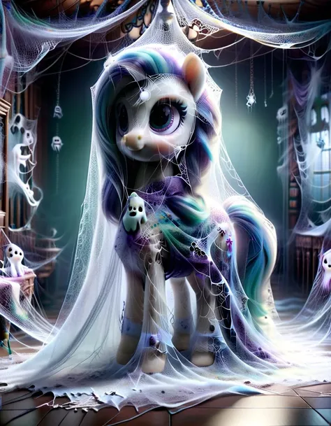 bright shiny haunted scared transparent pony ghost with ais-webz and a seethrough blanket <lora:ral-ltlpowny-sdxl:1> ais-webz background <lora:Cobweb_Style_SDXL:1.4> in haunted mansion