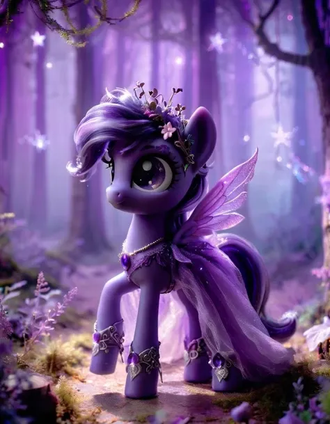 ral-ltlpowny, In a magical misty forest, Princess Twilight Sparkle from My Little Pony is gracefully dancing amidst the enchanted trees and glowing mushrooms. Her beautiful purple mane flows with the rhythm of her cosmic dance, as she wears an elegant gown in shades of indigo and violet. The moonlight filters through the canopy, creating a silvery path for her to follow. Enchanting fairy lights, in hues of lilac and amethyst, twinkle from the branches, adding a mystical touch to the scene. As she dances, her horn glows with a warm, comforting light, and the forest creatures gather around, captivated by the cosmic dance of their beloved ruler.