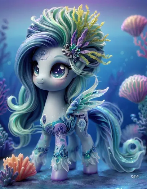 ral-ltlpowny, In this imaginative scene, a stylized version of Swimmer from My Little Pony is depicted as an ethereal aquatic creature. She has a flowing mane of iridescent blue-green hair, with scales shimmering like underwater plants in a mesmerizing array of sea-inspired hues. The background portrays a surreal seascape, where abstracted corals and kelp form intricate patterns, their colors blending in an otherworldly harmony. The water itself is a swirl of vibrant blues, greens, and purples, creating a dream-like atmosphere that envelops the scene, as if a glimpse into the mysterious depths of a fantastical ocean.