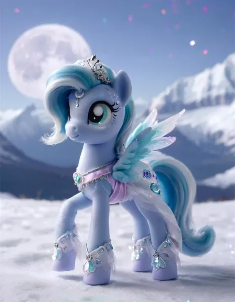 ral-ltlpowny, In an enchanting snow-covered landscape of the Snowy Mountain Range, a magical scene unfolds. A female Pegasus pony from My Little Pony seriesâdressed as a graceful ballerina, with a tutu made of shimmering pastel hues and a tiara adorned in crystalsâis dancing ethereally on the tips of her hooves, defying the snowy terrain. Her movements are in perfect harmony with the mystical, glowing forms of ice-blue auroras that dance around her, creating an otherworldly atmosphere. The moon casts a soft, silvery light over the scene, as the starlit sky and the distant mountains create a breathtaking backdrop for this whimsical moment.