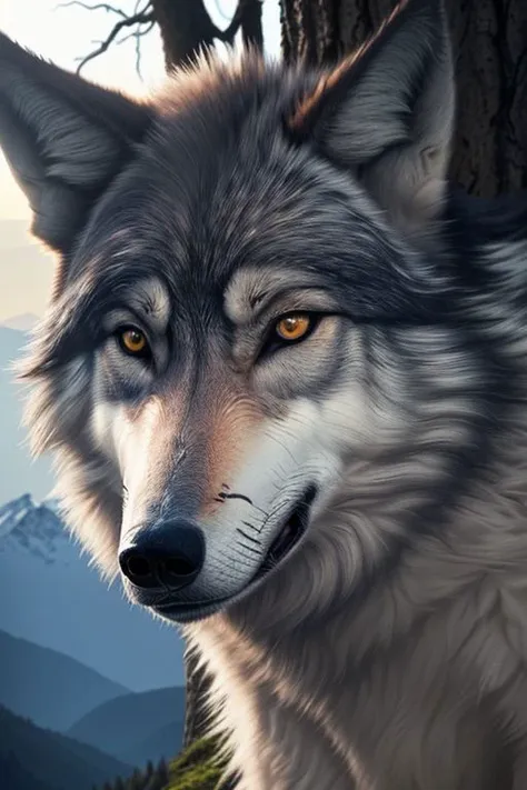 super realistic picture of a wolf - a large specimen, weighs about 120 kg., expression of concern, sadness, eyes, landscape, mountain, forest, light before sunset