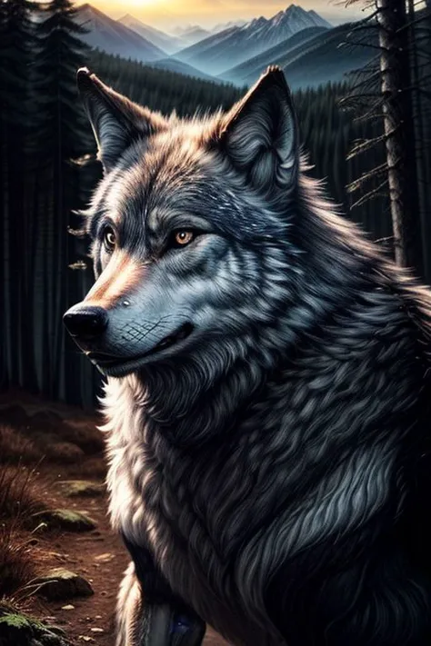 super realistic picture of a wolf - a large specimen, weighs about 120 kg., expression of concern, sadness, eyes, landscape, mountain, forest, light before sunset