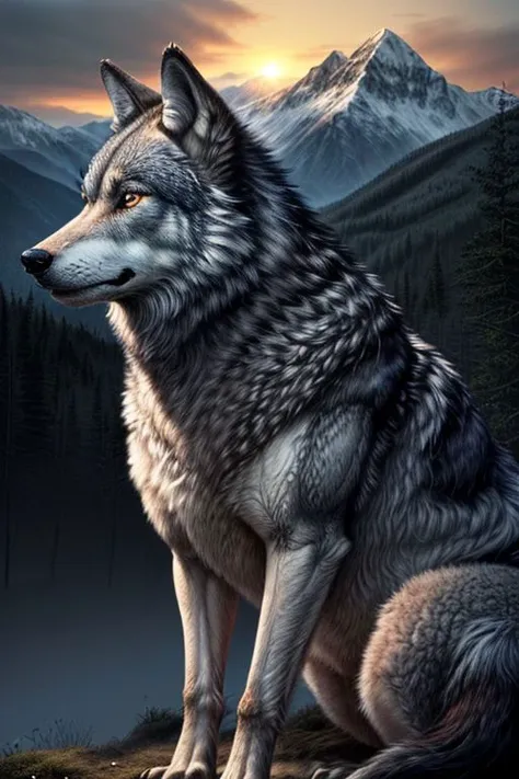 super realistic picture of a wolf - a large specimen, weighs about 120 kg., expression of concern, sadness, eyes, landscape, mountain, forest, light before sunset