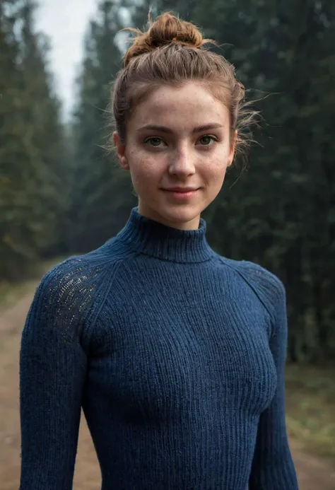 a petite Natural woman without make-up and a messy hair bun, wooly, no bra, DARK blue thic wooly skintight knitted full bodysuit, thin face, natural joyfull eyes, a shy Smiling look capturing the essence of a sunny day in a dystopian Misty world, offering Herself, and delicate freckles scattered like stardust across her nose, Standing on tiptoes, warm lighting, Canon EOS, Sci-fi vibe, dirty, noisy, h7sk1 following through Vintage snow monk style, very detailed, hd,