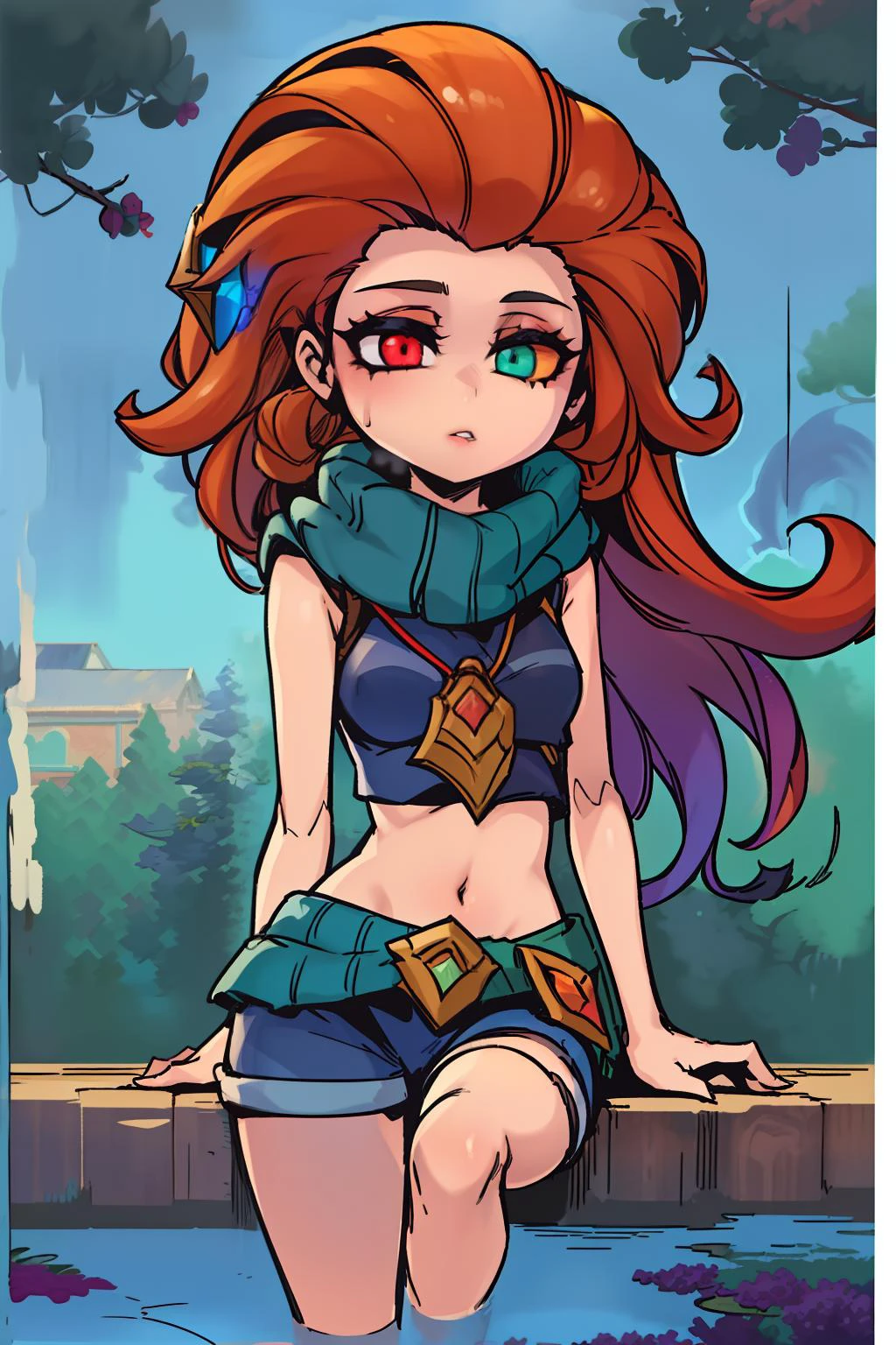 1girl, zoe \(league of legends\), heterochromia, scarf, crop top, shorts, [light orange hair|purple hair], (impressionism:1.4)