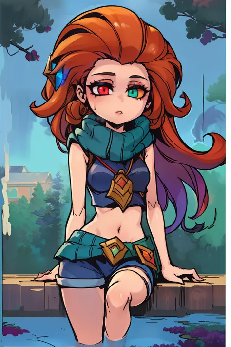 1girl, zoe \(league of legends\), heterochromia, scarf, crop top, shorts, [light orange hair|purple hair], (impressionism:1.4)