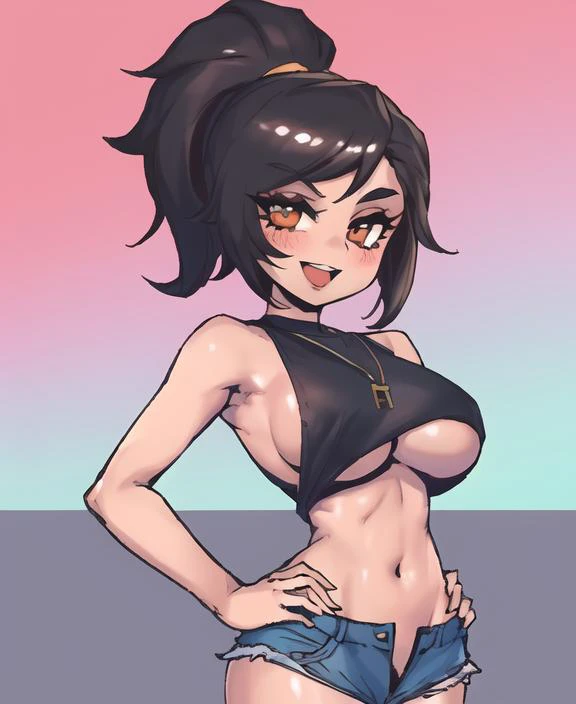 (masterpiece,best quality),(((sideboob,open shorts,open fly))),((hands on hips,highleg,crop top)),(black hair,high ponytail,medium hair),(blush,standing),stomach,midriff,navel,(smile,open mouth,:d),(medium breasts),((eyelashes,brown eyes)),1girl,[toned],beach,bare legs,bare arms,messy hair,looking at viewer,solo,highres
