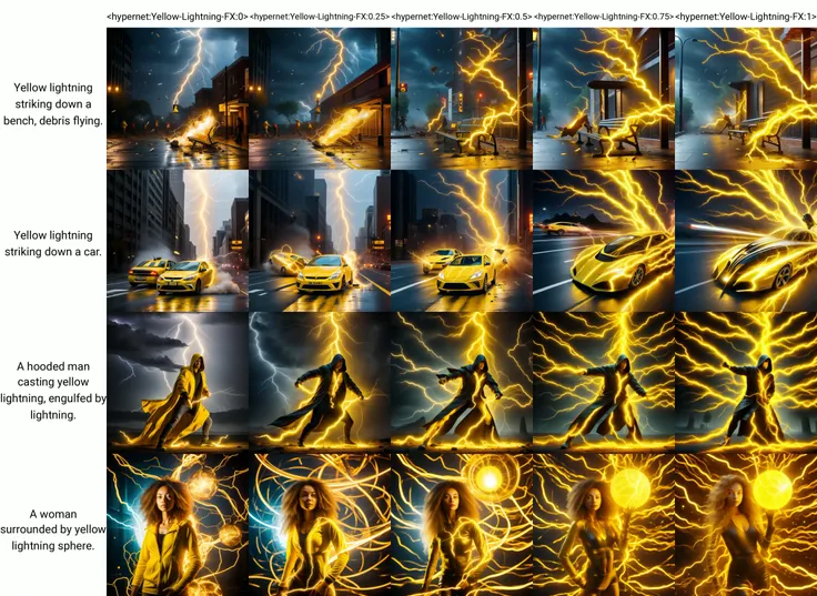 best quality, <hypernet:Yellow-Lightning-FX:0> Yellow lightning striking down a bench, debris flying.