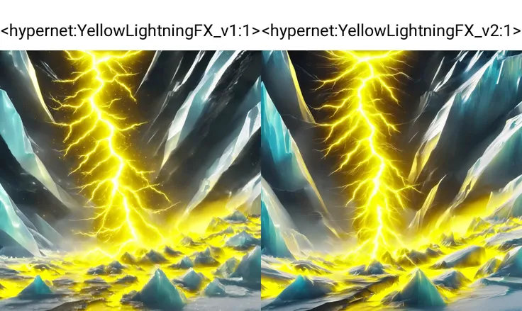 <hypernet:YellowLightningFX_v1:1> Yellow Lightning striking down ice in a mountain