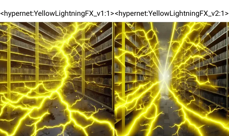 <hypernet:YellowLightningFX_v1:1> Yellow Lightning striking down bookshelves in a library, electricity arcs, debris