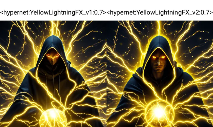 <hypernet:YellowLightningFX_v1:0.7> A hooded man surrounded by yellow lightning sphere, electric arcs, glowing eyes
