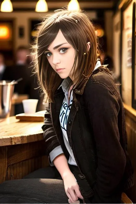 a young woman sat on a stool, staring at viewer, busy bar, annoyed, realistic, close up, photorealistic, solo, (((Imogen Dyer))) <lora:Imogen_lora_weights_converted:1>