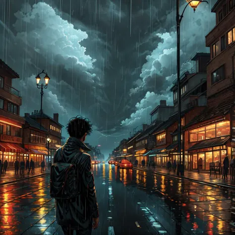 <lora:GraphicNovel:1> an urban scene, a dark street at night in a thunderstorm, rain, streetlight