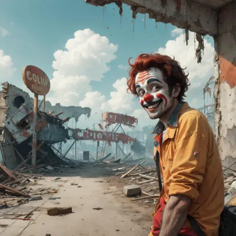 <lora:GraphicNovel:1> a smiling clown in the ruins of an abandoned amusement park