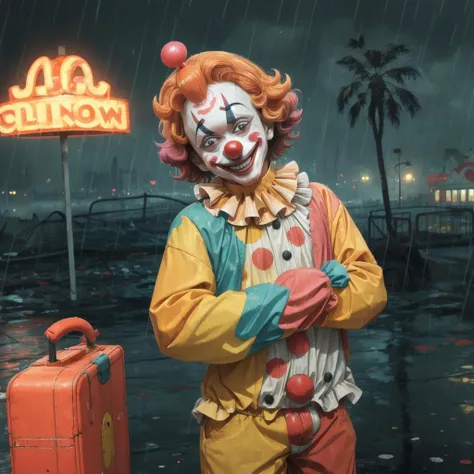 <lora:GraphicNovel:1> (a smiling clown:1.3) wide eyes, in the ruins of an abandoned amusement park at night, rain