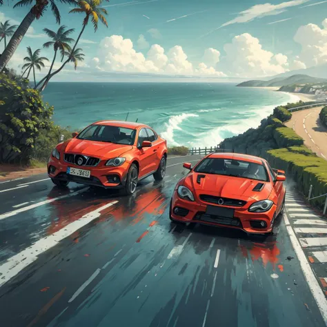 <lora:GraphicNovel:1> two cars racing on a narrow road overlooking the ocean