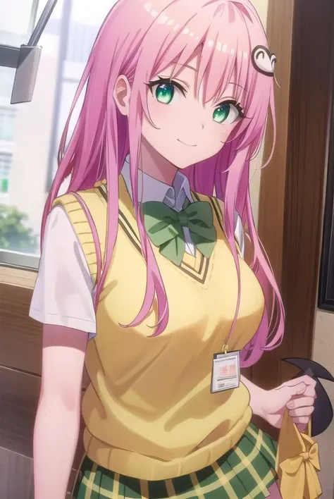 laladevilluke, <lora:lala deviluke darkness-lora-nochekaiser:1>,
lala deviluke, long hair, pink hair, tail, ahoge, bangs, hair ornament, (green eyes:1.5), smile,
BREAK demon tail, green skirt, plaid, plaid skirt, sainan high school uniform, school uniform, skirt, sweater vest, thighhighs, (yellow sweater:1.5), short sleeves, bow, (green bow:1.5),
BREAK indoors, classroom,
BREAK looking at viewer, (cowboy shot:1.5),
BREAK <lyco:GoodHands-beta2:1>, (masterpiece:1.2), best quality, high resolution, unity 8k wallpaper, (illustration:0.8), (beautiful detailed eyes:1.6), extremely detailed face, perfect lighting, extremely detailed CG, (perfect hands, perfect anatomy),