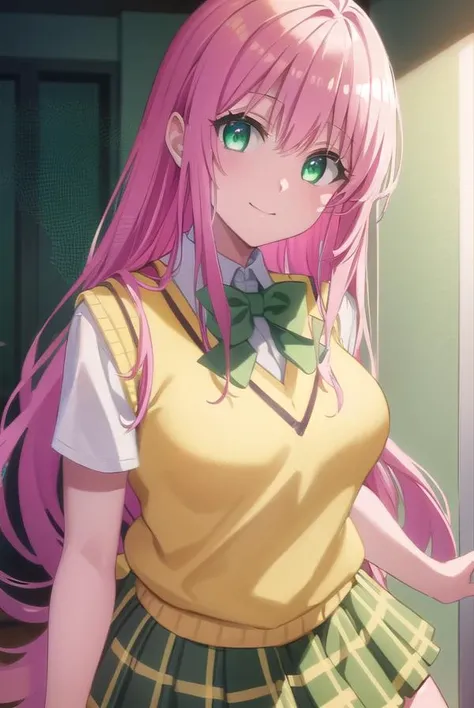 laladevilluke, <lora:lala deviluke darkness-lora-nochekaiser:1>,
lala deviluke, long hair, pink hair, tail, ahoge, bangs, hair ornament, (green eyes:1.5), smile,
BREAK demon tail, green skirt, plaid, plaid skirt, sainan high school uniform, school uniform, skirt, sweater vest, thighhighs, (yellow sweater:1.5), short sleeves, bow, (green bow:1.5)
BREAK indoors, classroom,
BREAK looking at viewer, (cowboy shot:1.5),
BREAK <lyco:GoodHands-beta2:1>, (masterpiece:1.2), best quality, high resolution, unity 8k wallpaper, (illustration:0.8), (beautiful detailed eyes:1.6), extremely detailed face, perfect lighting, extremely detailed CG, (perfect hands, perfect anatomy),