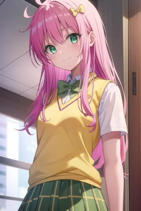 laladevilluke, <lora:lala deviluke darkness-lora-nochekaiser:1>,
lala deviluke, long hair, pink hair, tail, ahoge, bangs, hair ornament, (green eyes:1.5), smile,
BREAK demon tail, green skirt, plaid, plaid skirt, sainan high school uniform, school uniform, skirt, sweater vest, thighhighs, (yellow sweater:1.5), short sleeves, bow, (green bow:1.5),
BREAK indoors, classroom,
BREAK looking at viewer, (cowboy shot:1.5),
BREAK <lyco:GoodHands-beta2:1>, (masterpiece:1.2), best quality, high resolution, unity 8k wallpaper, (illustration:0.8), (beautiful detailed eyes:1.6), extremely detailed face, perfect lighting, extremely detailed CG, (perfect hands, perfect anatomy),