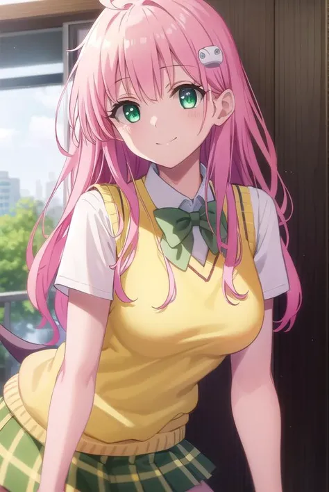 laladevilluke, <lora:lala deviluke darkness-lora-nochekaiser:1>,
lala deviluke, long hair, pink hair, tail, ahoge, bangs, hair ornament, (green eyes:1.5), smile,
BREAK demon tail, green skirt, plaid, plaid skirt, sainan high school uniform, school uniform, skirt, sweater vest, thighhighs, (yellow sweater:1.5), short sleeves, bow, (green bow:1.5),
BREAK indoors, classroom,
BREAK looking at viewer, (cowboy shot:1.5),
BREAK <lyco:GoodHands-beta2:1>, (masterpiece:1.2), best quality, high resolution, unity 8k wallpaper, (illustration:0.8), (beautiful detailed eyes:1.6), extremely detailed face, perfect lighting, extremely detailed CG, (perfect hands, perfect anatomy),